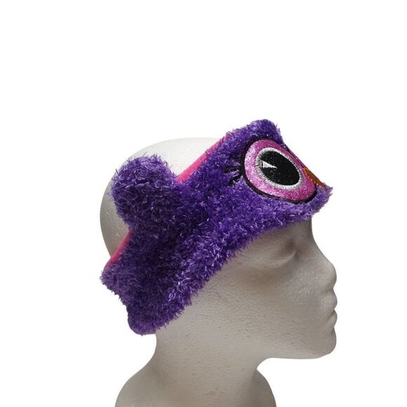 Girls Winter Fleece Ear Warmer Headband Purple Owl Eyes Plush Headband - Picture 2 of 6